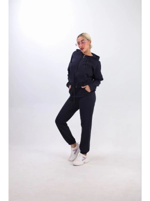 iki iplik Kapüşonlu Fermuarlı Crop Oversize Hırka Takım- Lacivert