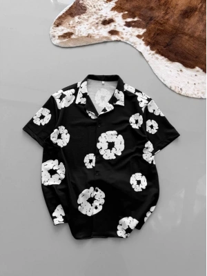 İki İplik Kumaş Baskılı Gömlek - Siyah