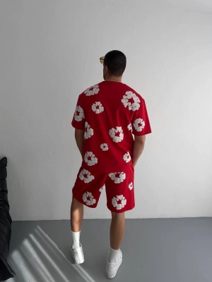İki İplik Kumaş Baskılı T-shirt Şortlu Takım- Kırmızı