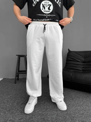 İki İplik Kumaş Beli Lastikli Yan Flota Cepli Baggy Alt Esofman - Beyaz