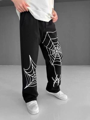 İki İplik Kumaş Örümcek Baskılı Esofman - Siyah