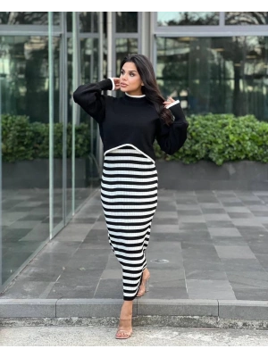 İkili triko elbise takım siyah beyaz