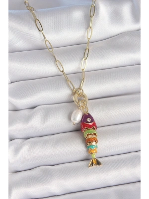 İnci Detaylı Zirkon Taşlı Rainbow Balık Figürlü Gold Renk Pirinç Kolye