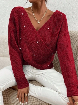 İncili çapraz kazak bordo