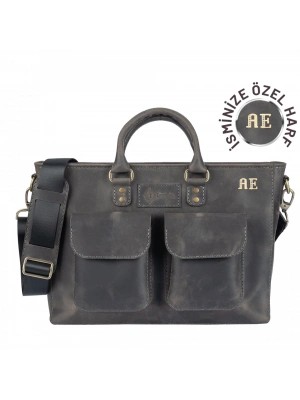 İsme Özel Askılı Cepli Evrak - Laptop Çantası - %100 Crazy Deri - AC09003 - Antrasit
