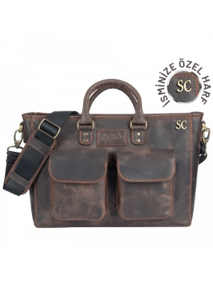 İsme Özel Askılı Cepli Evrak - Laptop Çantası - %100 Crazy Deri - AC09003 - Kahverengi