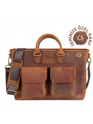 İsme Özel Askılı Cepli Evrak - Laptop Çantası - %100 Crazy Deri - AC09003 - Taba