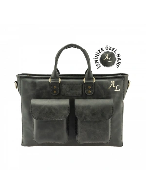 İsme Özel Askılı Cepli Evrak - Laptop Çantası - %100 Rainbow Deri - AC09002 - Antrasit