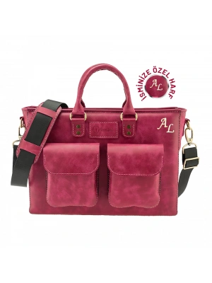 İsme Özel Askılı Cepli Evrak - Laptop Çantası - %100 Rainbow Deri - AC09002 - Fuşya