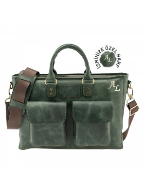 İsme Özel Askılı Cepli Evrak - Laptop Çantası - %100 Rainbow Deri - AC09002 - Haki