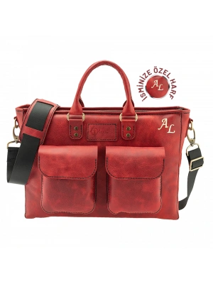 İsme Özel Askılı Cepli Evrak - Laptop Çantası - %100 Rainbow Deri - AC09002 - Kırmızı