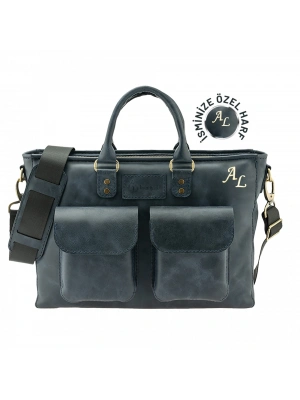 İsme Özel Askılı Cepli Evrak - Laptop Çantası - %100 Rainbow Deri - AC09002 - Lacivert