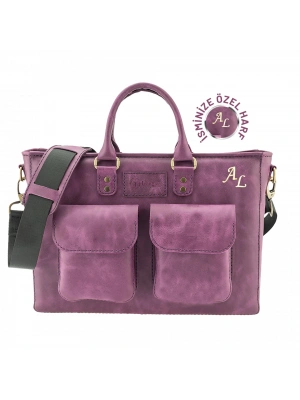 İsme Özel Askılı Cepli Evrak - Laptop Çantası - %100 Rainbow Deri - AC09002 - Mor
