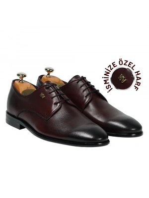 İsme Özel Bağcıklı Kösele Erkek Ayakkabı - %100 Hakiki Antik Deri - Altın Harf - AA01001 - Bordo