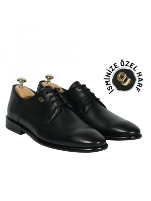 İsme Özel Bağcıklı Kösele Erkek Ayakkabı - %100 Hakiki Antik Deri - Altın Harf - AA01001 - Siyah