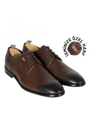 İsme Özel Bağcıklı Kösele Erkek Ayakkabı - %100 Hakiki Antik Deri - Gümüş Konseptli- AA01009 - Kahverengi