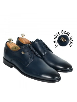 İsme Özel Bağcıklı Kösele Erkek Ayakkabı - %100 Hakiki Antik Deri - Gümüş Konseptli- AA01009 - Lacivert