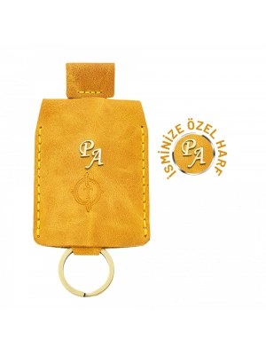 İsme Özel Çıtçıtlı Anahtarlık - % 100 Rainbow Deri - AG01001 - Hardal Sarısı
