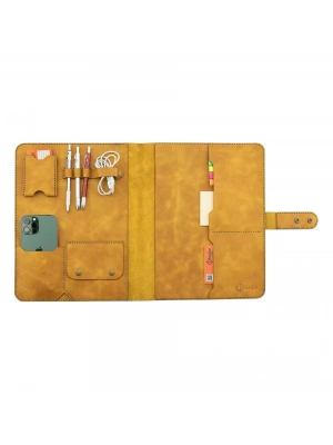 İsme Özel Çıtçıtlı Fonksiyonlu iPad Organizer - %100 Rainbow Deri - ET01002 - Hardal Sarısı