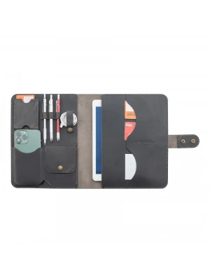 İsme Özel Çıtçıtlı Fonksiyonlu iPad Organizer 10,9 (İnç) - %100 Crazy Deri - ET01004 - Antrasit