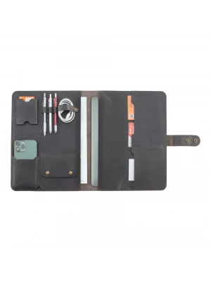 İsme Özel Çıtçıtlı Fonksiyonlu Macbook Organizer - %100 Crazy Deri - 11 (11 İnç) - ET02004 - Antrasit