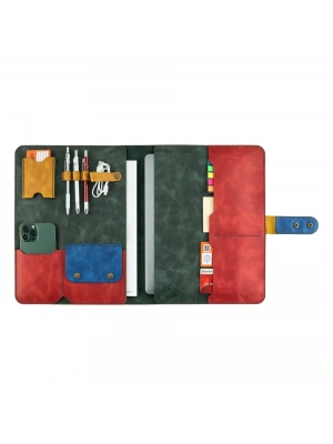 İsme Özel Çıtçıtlı Fonksiyonlu Macbook Organizer - %100 Rainbow Deri - ET02001 - Yeşil - Kırmızı