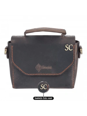 İsme Özel Çıtçıtlı Küçük Boy Zincirli El Omuz Çantası - %100 Crazy Deri - AC14003 - Kahverengi