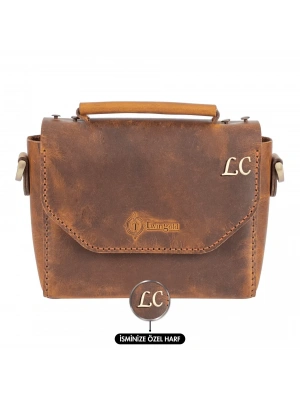 İsme Özel Çıtçıtlı Küçük Boy Zincirli El Omuz Çantası - %100 Crazy Deri - AC14003 - Taba