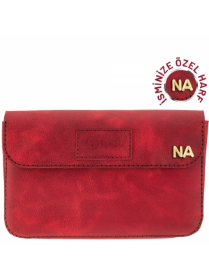 İsme Özel Çıtçıtlı Küçük El Çantası - %100 Rainbow Deri - AC14001 - Kırmızı