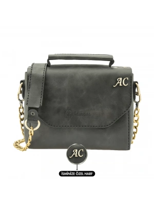 İsme Özel Çıtçıtlı Zincirli Küçük Boy El Omuz Çantası - %100 Deri - AC03001 - Antrasit