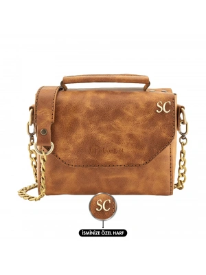 İsme Özel Çıtçıtlı Zincirli Küçük Boy El Omuz Çantası - %100 Deri - AC03001 - Camel