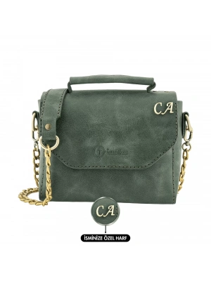 İsme Özel Çıtçıtlı Zincirli Küçük Boy El Omuz Çantası - %100 Deri - AC03001 - Haki