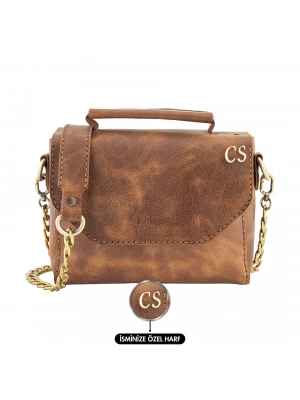 İsme Özel Çıtçıtlı Zincirli Küçük Boy El Omuz Çantası - %100 Deri - AC03001 - Kahverengi