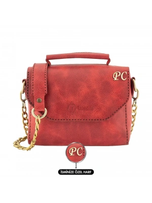İsme Özel Çıtçıtlı Zincirli Küçük Boy El Omuz Çantası - %100 Deri - AC03001 - Kırmızı
