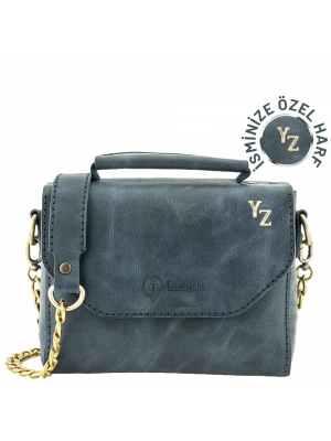 İsme Özel Çıtçıtlı Zincirli Küçük Boy El Omuz Çantası - %100 Deri - AC03001 - Lacivert