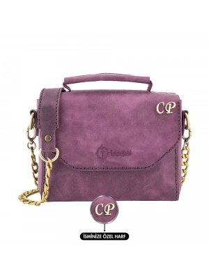 İsme Özel Çıtçıtlı Zincirli Küçük Boy El Omuz Çantası - %100 Deri - AC03001 - Mor