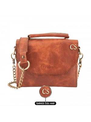 İsme Özel Çıtçıtlı Zincirli Küçük Boy El Omuz Çantası - %100 Deri - AC03001 - Tobacco