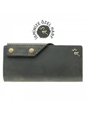 İsme Özel Dikey Çıtçıtlı Uzun Cüzdan - %100 Crazy Deri - A010002 - Antrasit