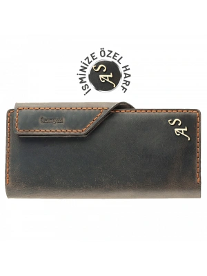 İsme Özel Dikey Çıtçıtlı Uzun Cüzdan - %100 Crazy Deri - A010002 - Kahverengi