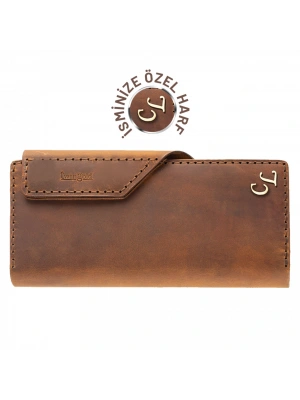 İsme Özel Dikey Çıtçıtlı Uzun Cüzdan - %100 Crazy Deri - A010002 - Taba