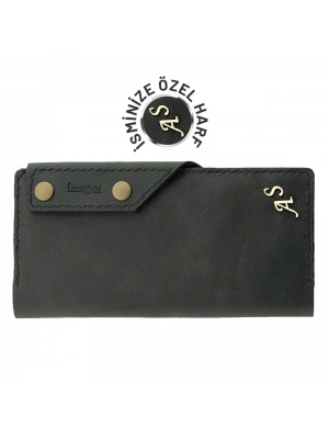 İsme Özel Dikey Çıtçıtlı Uzun Cüzdan - %100 Rainbow Deri - A010006 - Antrasit