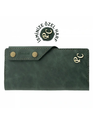 İsme Özel Dikey Çıtçıtlı Uzun Cüzdan - %100 Rainbow Deri - A010006 - Haki