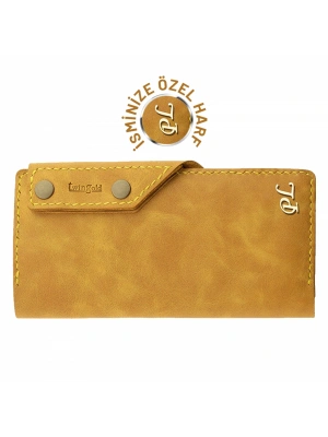 İsme Özel Dikey Çıtçıtlı Uzun Cüzdan - %100 Rainbow Deri - A010006 - Hardal Sarısı