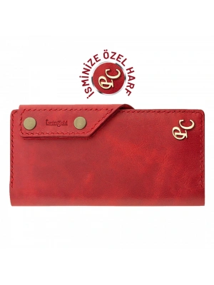 İsme Özel Dikey Çıtçıtlı Uzun Cüzdan - %100 Rainbow Deri - A010006 - Kırmızı