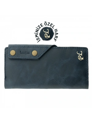 İsme Özel Dikey Çıtçıtlı Uzun Cüzdan - %100 Rainbow Deri - A010006 - Lacivert