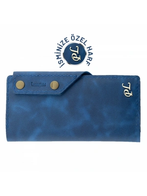 İsme Özel Dikey Çıtçıtlı Uzun Cüzdan - %100 Rainbow Deri - A010006 - Saks Mavisi