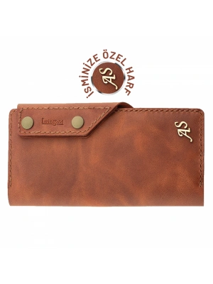 İsme Özel Dikey Çıtçıtlı Uzun Cüzdan - %100 Rainbow Deri - A010006 - Tobacco