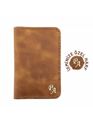 İsme Özel Dikey Mini Cüzdan - %100 Rainbow Deri - A010005 - Camel
