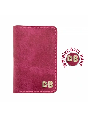 İsme Özel Dikey Mini Cüzdan - %100 Rainbow Deri - A010005 - Fuşya