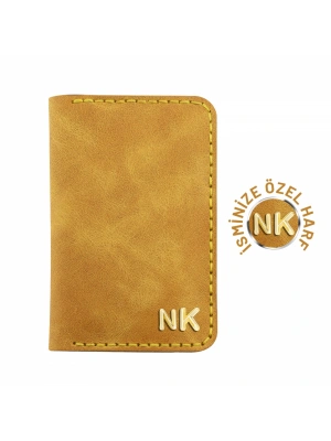 İsme Özel Dikey Mini Cüzdan - %100 Rainbow Deri - A010005 - Hardal Sarısı